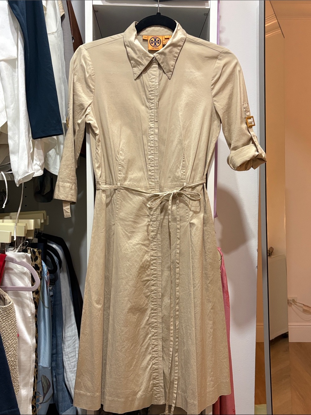 Tory Burch Tan Button-Front Midi Shirt Dress with Waist Tie
